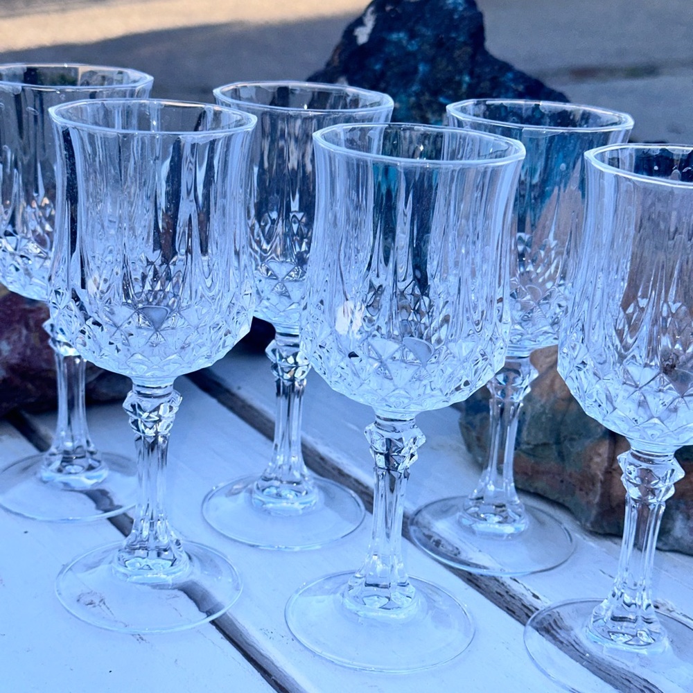 Vtg. CRISTAL D'ARQUES "Longchamp" Set of 6 French Diamond Cut Wine Glasses